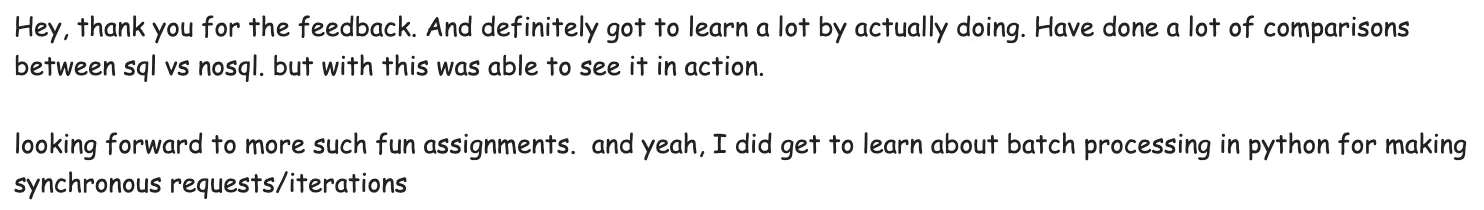 Learner finally saw SQL vs NoSQL differences in action and learned batch processing in Python