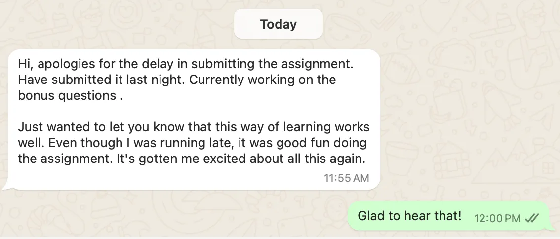 Learner says this way of learning works well, was fun, and got them excited about backend engineering again