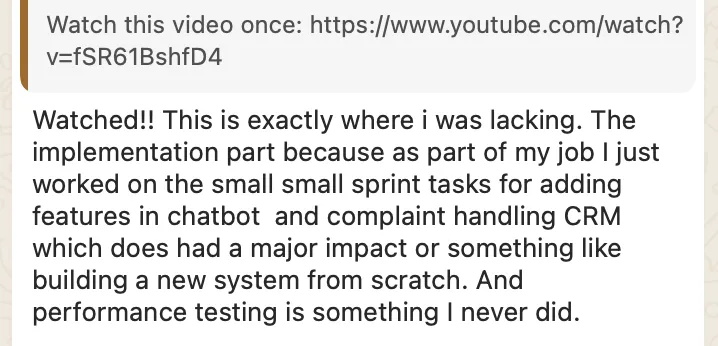 Learner says the material targets exactly where they lacked, implementation and performance testing