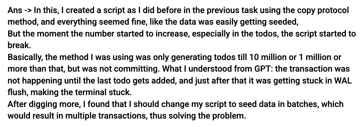 Learner explains their seeding script hung on millions of rows in one transaction, and they fixed it by seeding in batches